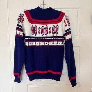 VINTAGE 70'S SKI SWEATER NAVY White Red‎ JCPENNEY 100% Acrylic Mens S Amazing